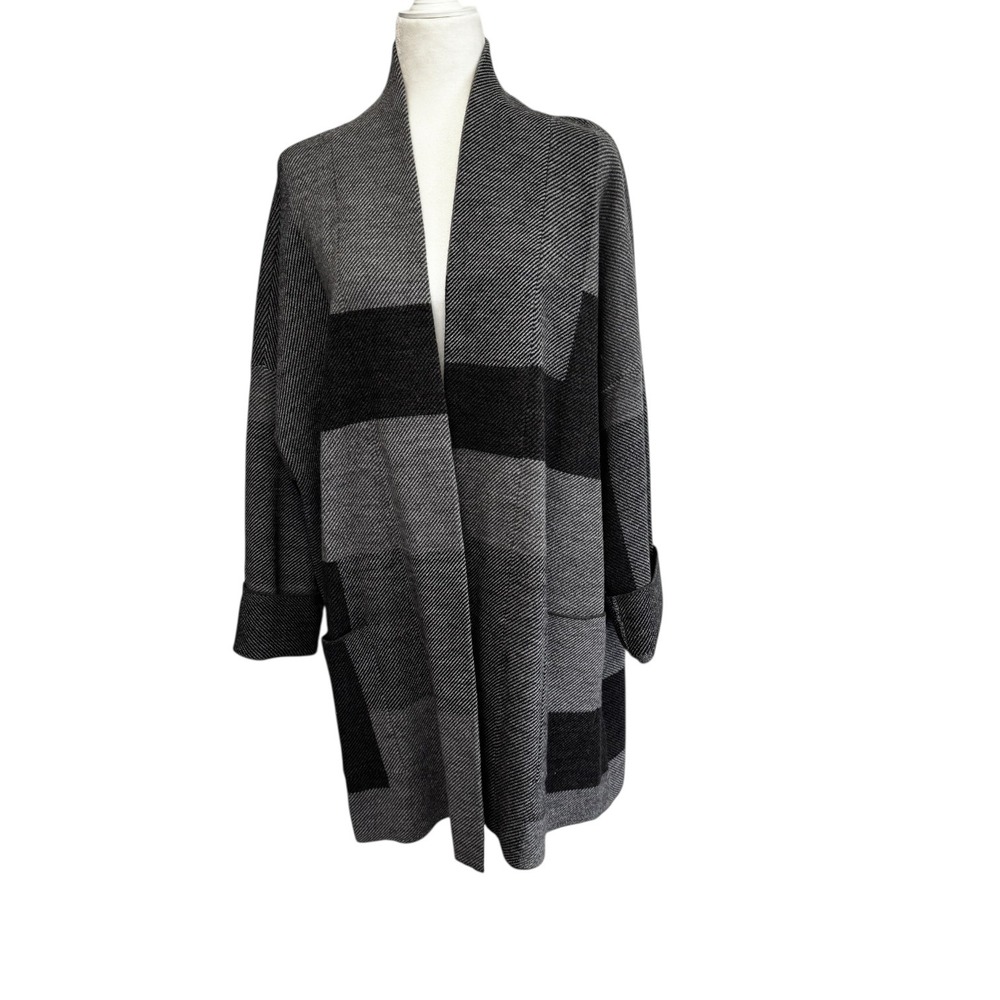 Eileen Fisher Geometric Open Cardigan Womens XL Charcoal Gray Black‎ Pockets NWT